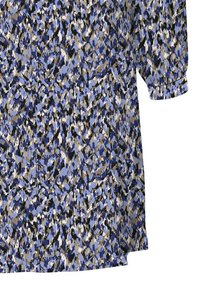 Robe avec un motif abstrait vibrant dans des nuances de bleu, noir et beige, à coupe ample et manches longues.