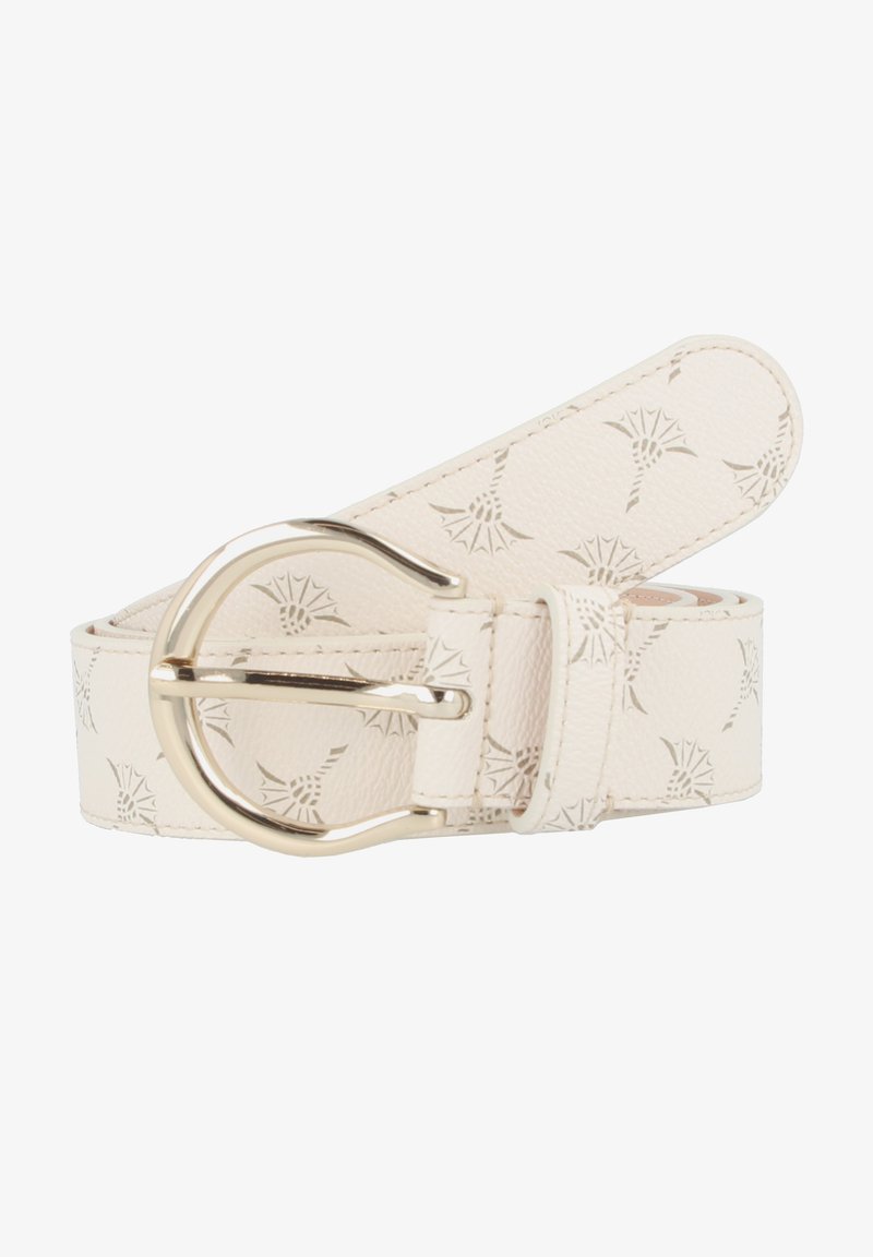 Curea albă din piele cu un model texturat, având o cataramă rotundă din metal de culoare aurie și o finisare netedă, concepută pentru a se ajusta ușor.