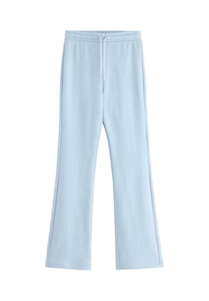 Helle blaue, ausgestellte Jogginghosen aus weichem Stoff, mit einem elastischen Bund und einem Kordelzug für eine verstellbare Passform.