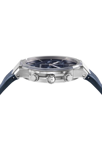 Analog watch with a stainless steel case, dark blue textured dial, silver accents, and a blue leather strap featuring a patterned texture.