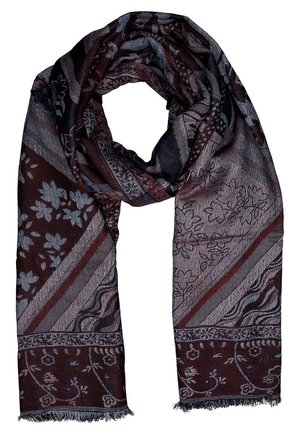 Ciemnobordowy i szary tkany szalik z kwiatowymi i geometrycznymi wzorami, miękką fakturą i frędzlami na brzegach, luźno złożony w pętlę.
