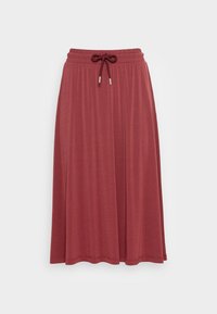 Jupe midi bordeaux avec une taille élastique et un cordon de serrage. Fabriquée en tissu doux et texturé, elle présente une silhouette fluide et un ourlet évasé.