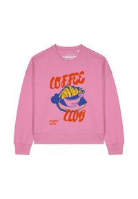 Roze cropped sweatshirt met 'COFFEE CLUB' grafiek in oranje en blauw, met een illustratie van een koffiekop en een croissant.