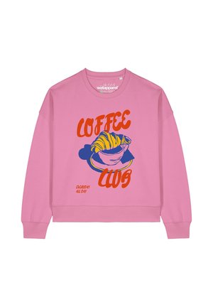 Roze cropped sweatshirt met 'COFFEE CLUB' grafiek in oranje en blauw, met een illustratie van een koffiekop en een croissant.