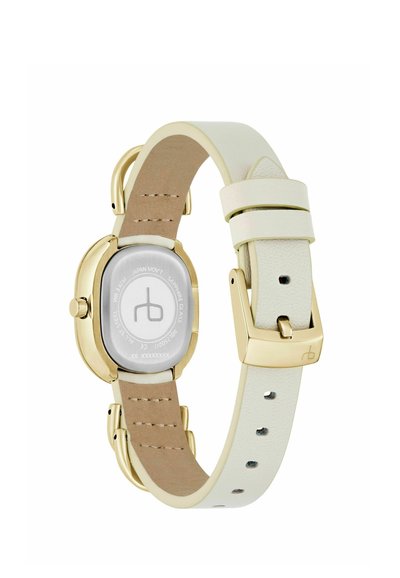 Damenarmbanduhr mit einem Gehäuse aus goldfarbenem Edelstahl, einem weißen Lederarmband und einer hellbraunen Unterseite. Mit einem silbernen Zifferblatt und einem Logo.