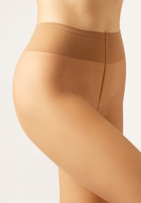 Brune sømløse høj talje tights med en glat tekstur og blød talje, der fremhæver benets silhuet med gennemsigtig opacitet.