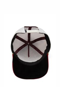 Black and red cap with a smooth suede brim, gray mesh crown, and white adjustable strap; interior features printed logo and ventilation panels.