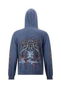 Blue hoodie with a drawstring hood. Features graphic designs of snakes and an octopus on the back and sleeves, with "Los Angeles" text.