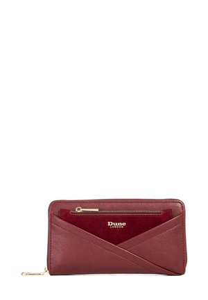 Burgundy leather wallet with diagonal design, featuring a gold zipper pocket and embossed "Dune London" logo. Smooth and textured accents.