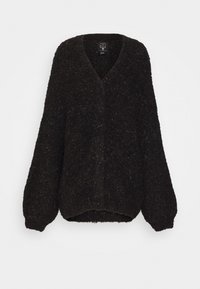 Czarny, teksturowany sweter dzianinowy z dekoltem w serek, luźnymi długimi rękawami i prążkowanymi mankietami. Charakteryzuje się luźnym krojem i miękką, puszystą powierzchnią.