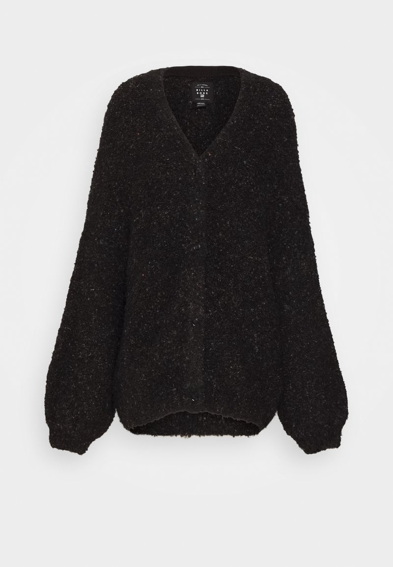 Czarny, teksturowany sweter dzianinowy z dekoltem w serek, luźnymi długimi rękawami i prążkowanymi mankietami. Charakteryzuje się luźnym krojem i miękką, puszystą powierzchnią.