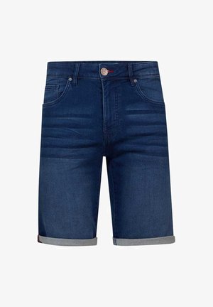 Shorts in denim blu scuro con una texture leggermente usurata. Presentano un orlo risvoltato, un design tradizionale a cinque tasche e una chiusura con bottone metallico.