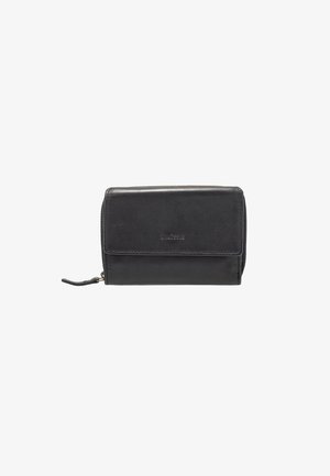 Black leather wallet with a smooth texture, rectangular shape, zip closure, and embossed logo on the front. Compact and versatile design.
