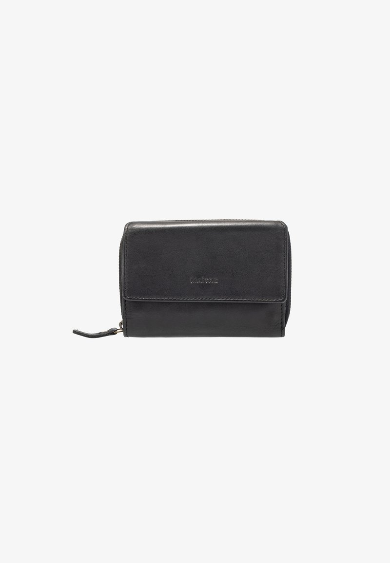 Black leather wallet with a smooth texture, rectangular shape, zip closure, and embossed logo on the front. Compact and versatile design.
