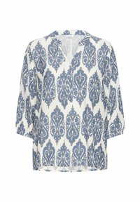 Blouse bleue et blanche à motif avec un col en V, manches 3/4 amples, et un dessin floral damassé sur un tissu léger.