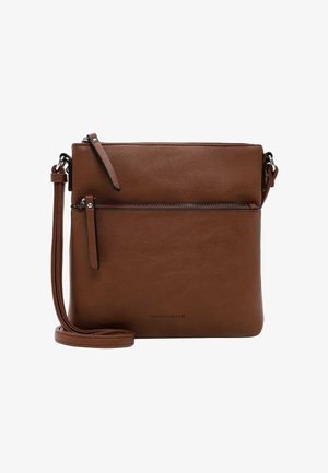 Braune Leder Umhängetasche mit glatter Textur, vorderem Reißverschlussfach, verstellbarem Riemen und dezentem Branding am Boden.