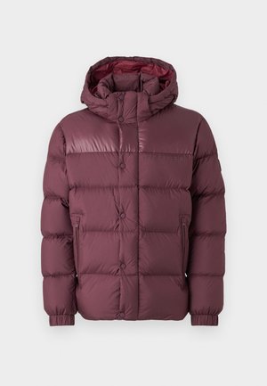 Bordo pūkinis švarkas su gobtuvu, su siuvinėtu dizainu, užtrauktuku užsegamomis šoninėmis kišenėmis ir lygiu, blizgiu paviršiumi.