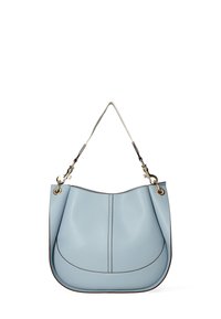 Borsa a tracolla in pelle azzurro chiaro con forma curva, caratterizzata da dettagli di cucitura a contrasto, un fermo in metallo dorato e una sola tracolla.