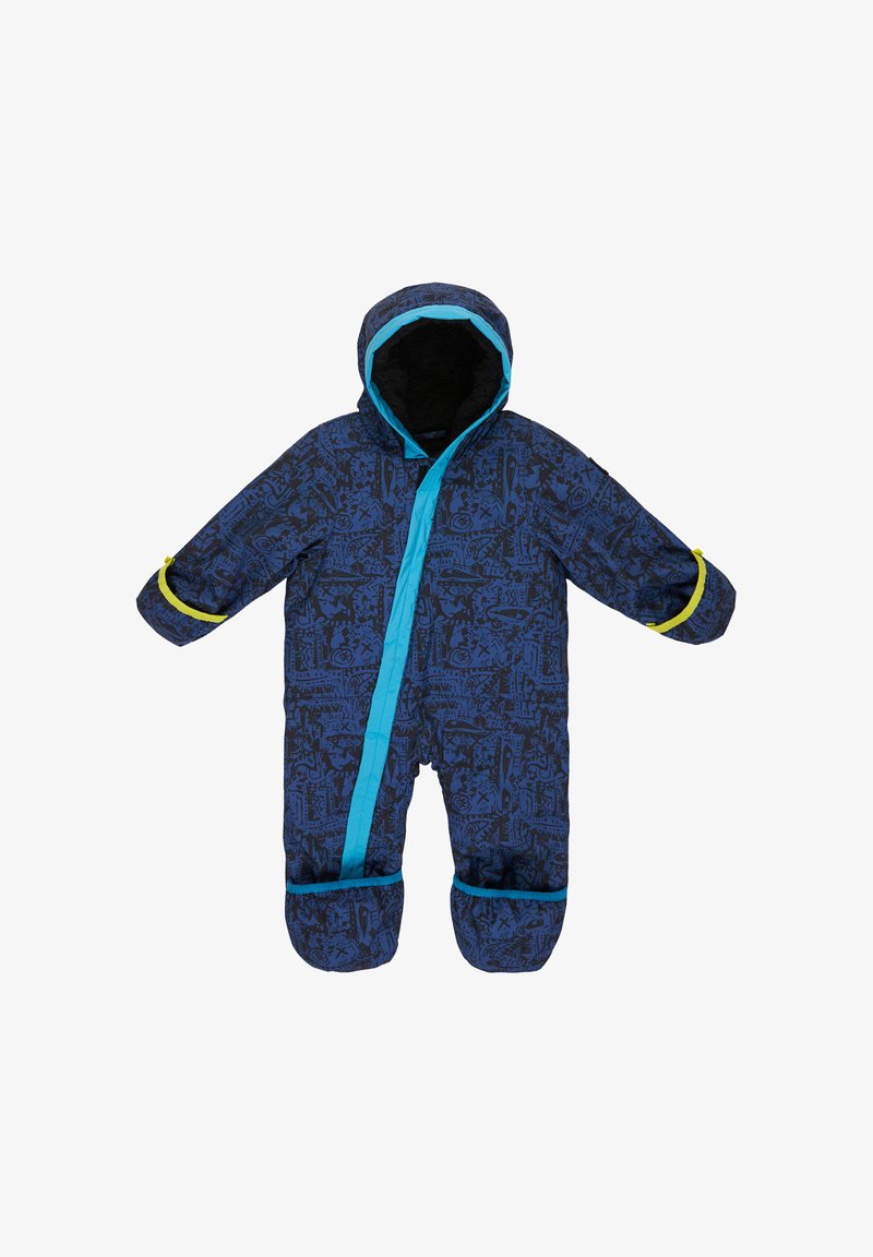 Niebieski, wzorzysty kombinezon narciarski z kapturem, z jasnoniebieskim zamkiem błyskawicznym i żółtymi akcentami na rękawach i kostkach. Miękka podszewka.
