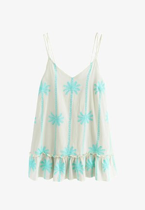 Rochie albă fără mâneci cu bretele duble subțiri, broderie turcoaz cu palmieri și tiv cu volane.