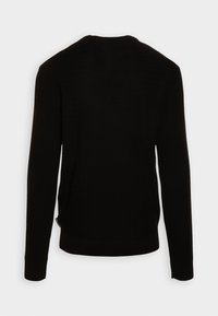 Schwarzer Strickpullover mit langen Ärmeln und rundem Halsausschnitt. Verfügt über ein strukturiertes Muster sowie Rippbündchen und Saum.