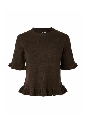 Pruun lühikeste varrukatega kudumissärk, mille varrukate ja ääre ääred on volangiga, ümar kaelus.