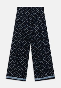 Czarne szerokie spodnie z wzorem w geometryczne kształty w jasnoniebieskim kolorze, z kontrastowym niebieskim falistym wykończeniem. Miękka faktura materiału.