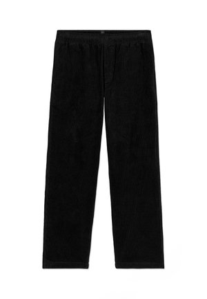 Pantalon en velours côtelé noir avec des jambes droites et une ceinture élastique, présenté à plat sur un fond blanc.