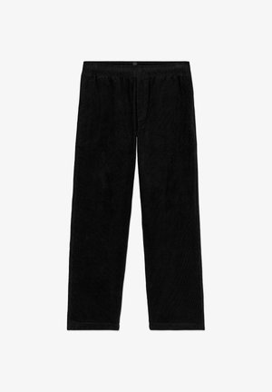 Pantalon en velours côtelé noir avec des jambes droites et une ceinture élastique, présenté à plat sur un fond blanc.
