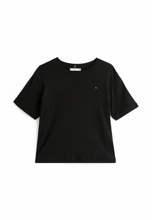Zwarte t-shirt met korte mouwen van katoen. Beschikt over een ronde hals, een losse pasvorm en een klein logo detail op de borst. Soepele textuur.