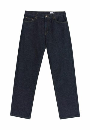 Donkerblauwe denim jeans met een rechte pijpdesign, vijf-pocket stijl, koperen klinknagels en een label op de tailleband. Glad textuur.