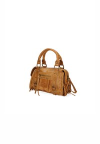 Bruine leren handtas met twee korte handvatten, ritssluiting, decoratieve studs, zijvakken en een gestructureerde afwerking.