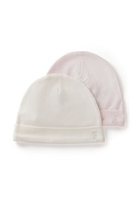 Dos gorros de algodón suave: uno blanco y otro rosa claro. Cada uno tiene un puño doblado y un pequeño detalle bordado de un conejito en el lateral.