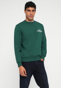 Grønn sweatshirt med ribbestrikket halslinning og mansjetter. Har "Tommy Hilfiger" logo i hvitt på brystet. Kombinert med mørke bukser.