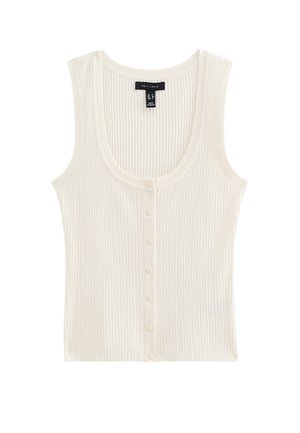 Haut sans manches en tricot côtelé crème avec encolure dégagée et fermeture boutonnée devant.