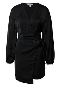 Schwarzes Wickelkleid aus strukturiertem Satin mit langen, puffartigen Ärmeln, seitlichem Bindebandverschluss und tiefem V-Ausschnitt. Verfügt über einen asymmetrischen Saum.