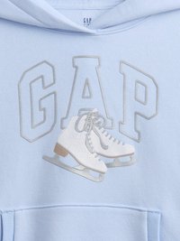 Light blue hoodie featuring silver "GAP" text and a graphic of ice skates. Skates have a shiny texture and beige accents.