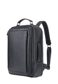 Zwarte leren rugzak met een gematteerde afwerking, dubbele ritssluitingen, een handvat aan de bovenkant en verstelbare schouderbanden. Heeft een voorvak en een strak design.