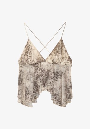 Top fluido senza maniche con stampa astratta beige e marrone, scollatura a V profonda e sottili spalline incrociate sulla schiena.