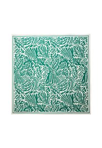 Tissu vert et blanc à motifs avec des designs de feuillage complexes. Le motif présente différentes formes de feuilles avec une texture lisse.