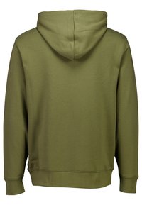 Sudadera verde oliva, suave mezcla de algodón, con una gran capucha, puños acanalados y un dobladillo recto. La vista trasera muestra un diseño simple y sin adornos.