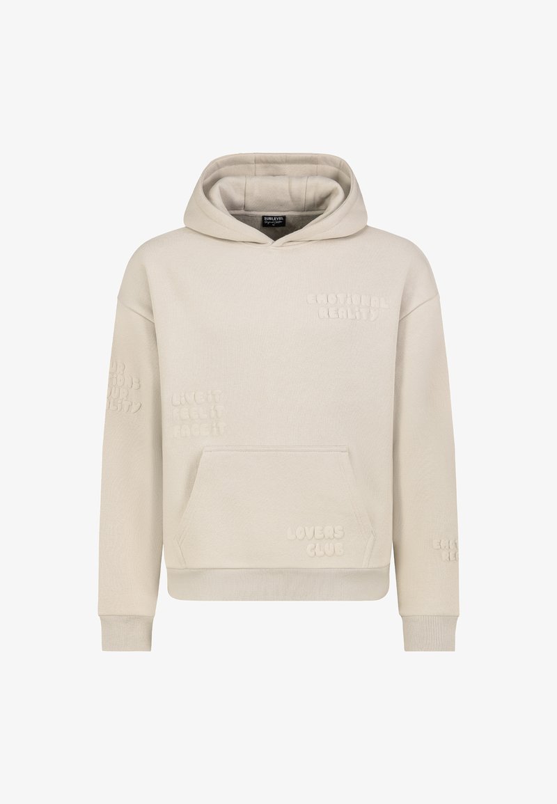 Beige katoenen hoodie met een voorzak, voorzien van reliëf tekstdetails: "EMOTIONAL REALITY," "LIVE IT FEEL IT," en "LOVERS CLUB."