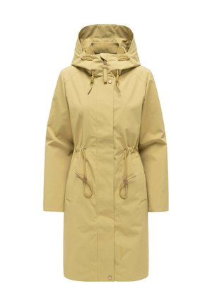 Beżowy płaszcz przeciwdeszczowy do kolan z kapturem, regulowanymi sznureczkami w talii i kapturze, przednim zamkiem błyskawicznym z zatrzaskami oraz długimi rękawami.