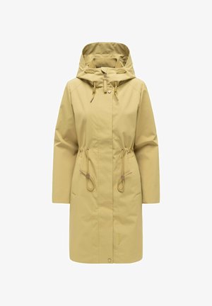 Beež värvi põlveni ulatuv vihmajope kapuutsiga, reguleeritavate nöörpingutustega taljel ja kapuutsil, ees tõmblukk trukkidega ning pikad varrukad.