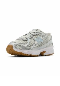 White and silver athletic shoe with mesh upper, rubber sole, and lace-up design. Features textured accents and a gum outsole.