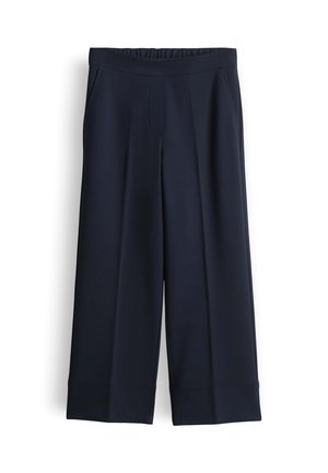 Marineblauwe broek met brede pijpen, elastische tailleband en zijzakken, cropped lengte en strakke, getailleerde naden.