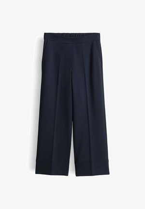 Marineblaue Hose mit weitem Bein, elastischem Bund und Seitentaschen, verkürzte Länge und klare, maßgeschneiderte Nähte.
