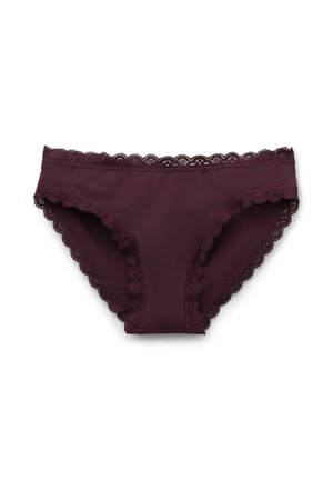 Bordeaux katoenen slipjes met een golvende kantafwerking langs de tailleband en beenopeningen, met een gladde textuur en een middelhoge snit.