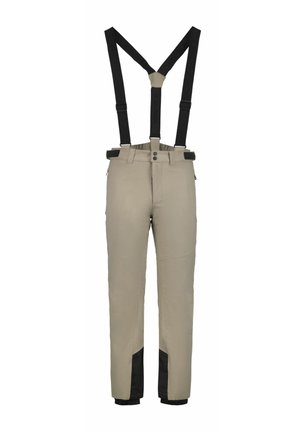 Beige waterdichte broek met zwart clip-on bretels, met een rechte pijpdesign, twee voorkruikezakken en zwarte onderaccenten.