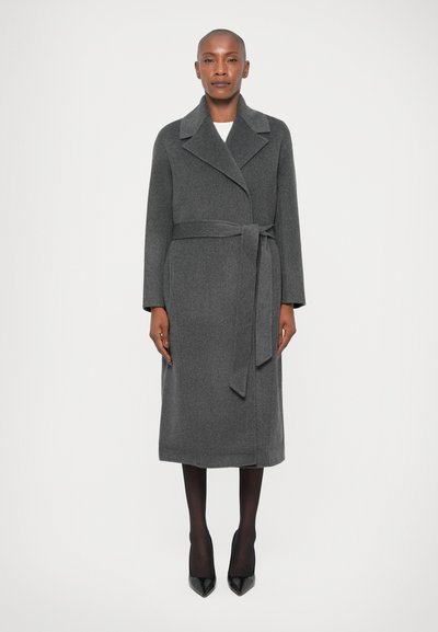 Gray wool wrap coat with a notched collar, belted waist, and long sleeves. Knee-length with a smooth, textured finish.